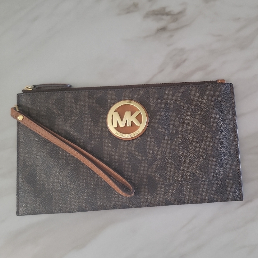 Michael Kors Dark Brown Wristlet with Gold Logo